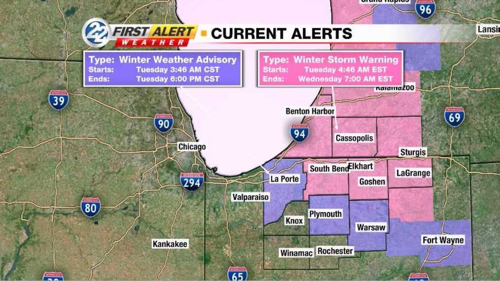 WSBT 22 First Alert Weather: Winter Storm Warnings, Advisories In Place ...